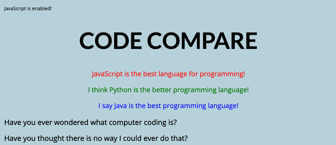 homepage of 'code compare' site BL created to compare java with javascript and python